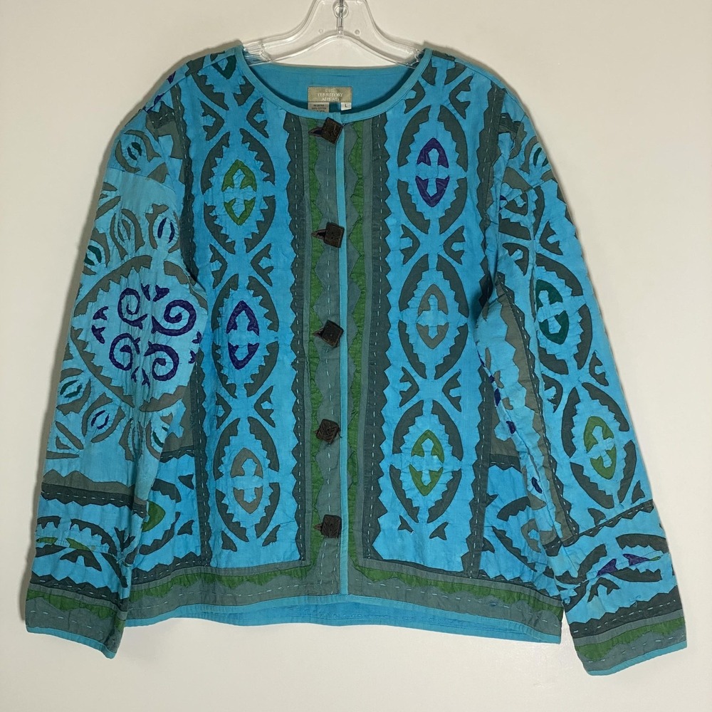 The Territory Ahead Jacket Womens Large Blue Embroidered Toggle Boho Geometric
